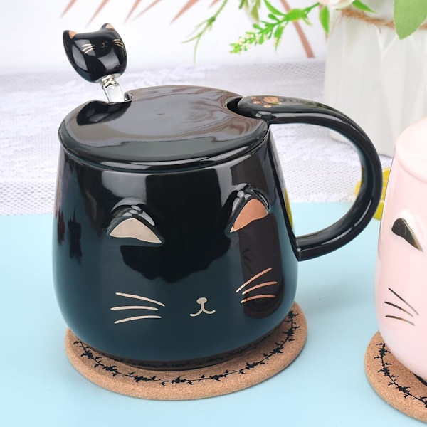 Pink Keramik Kaffeekop med Sød Kat Håndlavet Tekop med Rustfrit Stål Ske Kitty Kop Unik Fødselsdag til Piger Kvinder