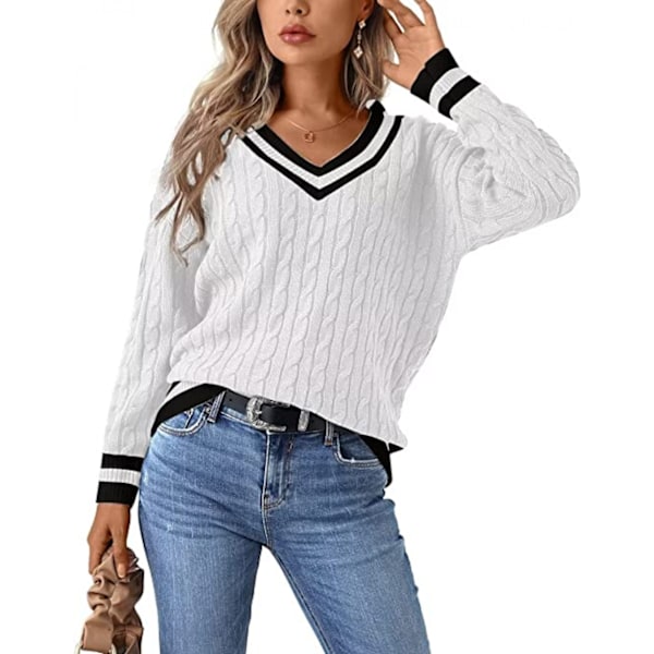 Naisten kaapeli neulottu V-kaulapaita rento pitkähihainen pusero löysä olkapää Jumper Top, pehmeä, mukava ja ihoystävällinen.