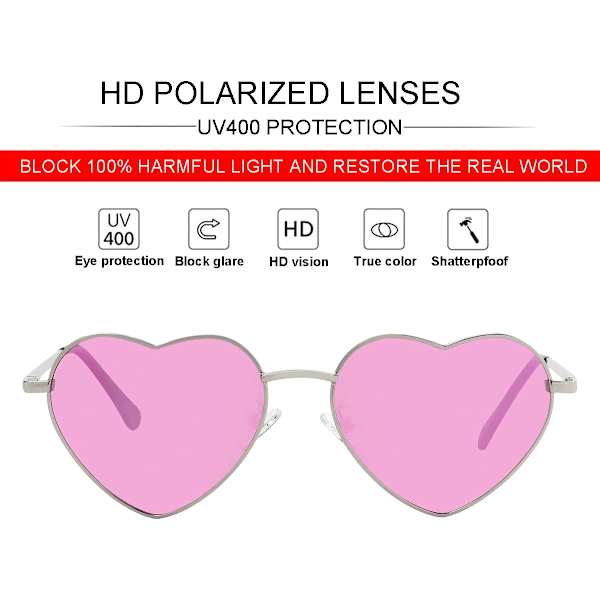 Polariserede hjerteformede solbriller til kvinder - Fashion Lovely Style Metal Frame UV400 beskyttelsesglas Pink 54 Millimeters