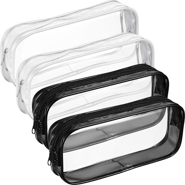 WJSM4 stk. gennemsigtig PVC lynlås penne- og blyantsetui, stort penalhus, makeup-pung (sort og hvid) Black  White