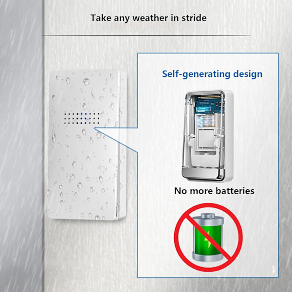 Självförsörjande trådlös dörrklocka med temperaturdisplay 38 melodier 4 volymnivåer IP65 vattentät, hemdörrklocka 1 000 fot räckvidd