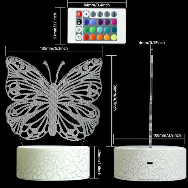 3D Illusionslampe Sommerfugl Nattelys, Bursdagsgave til Jenter Barn Gaver Sengelampe med 16 Farger Skiftende Fjernkontroll Sommerfugl