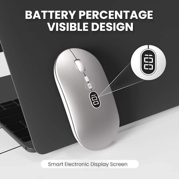 Trådlös Datormus för Laptop med Synlig Batterinivå, 2.4G Bärbar Ultra Tunn USB-Mus, Tyst Klick Laptop Mus 1600 DPI Silver