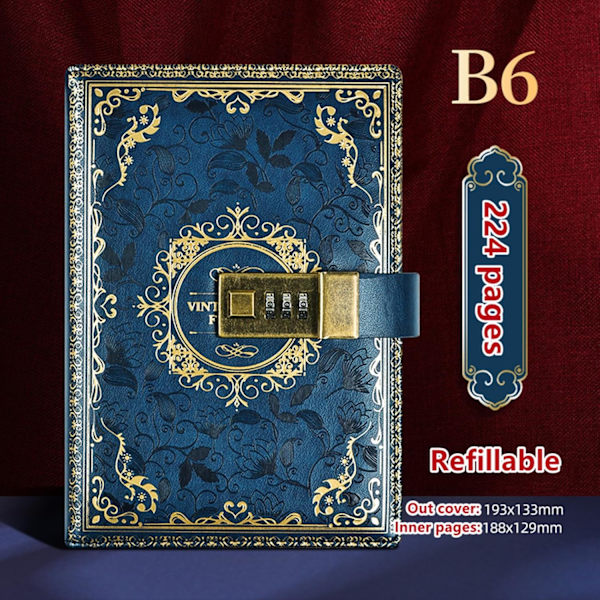Journal Notesbog med Lås, Retro Stil Hårdbundet Notesbog med PU Læder Guldprægning, 100GSM Tykt Papir, 112 Blade 224 Sider 7,6\" x 5,3\"