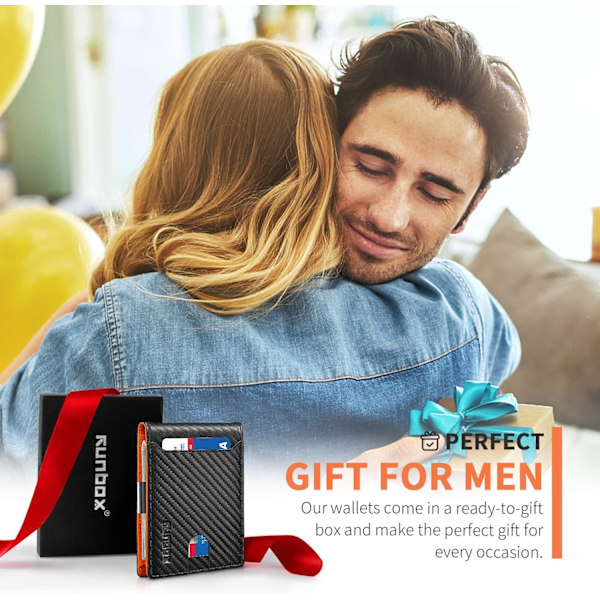 Slanke tegnebøger til mænd - Læder pengeklips til mænd - RFID-blokerende frontlomme Bifold-tegnebog - Minimalistisk kreditkortholder med gaveæske Carbon Black&Orange