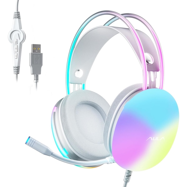 USB-spelheadset med mikrofon för PC, RGB-regnbågsbelyst hörlur, virtuellt 7.1 surroundljud, 50 mm drivrutin, mjuka minnesskumöronmuffar, trådbunden bärbar dator