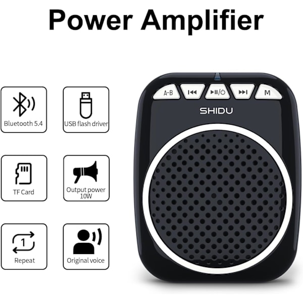 Stemmeforsterker, 10W høyttaler med mikrofonhodetelefon Bærbar oppladbar PA-system Støtter Bluetooth TF U-disk avspilling for lærer Black