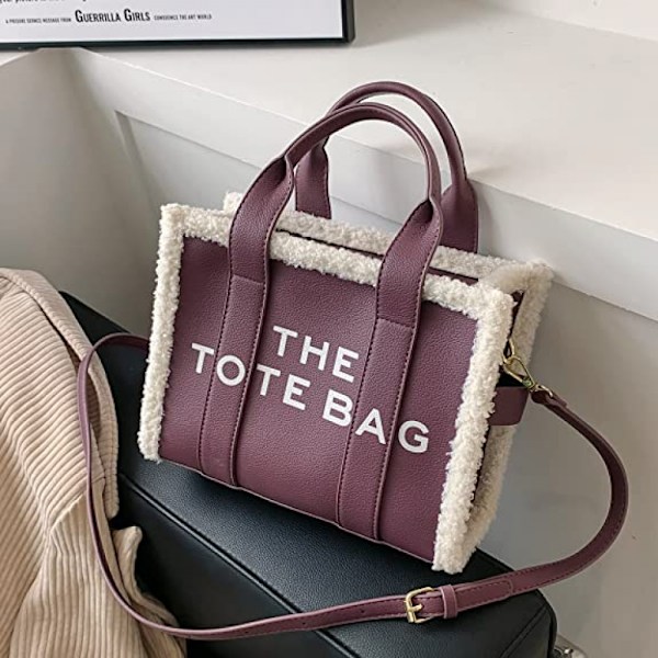Toteväska för kvinnor, PU-läder toteväska med lammull, crossbody handväska för resor/arbete (11*8,26*4,3 tum)