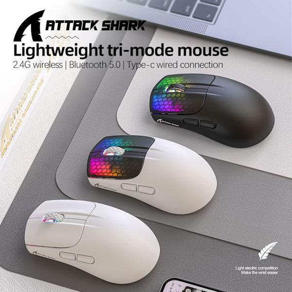 Trådlös Spelmus med Tri-lägen BT 5.1/2.4Ghz/USB-C, Lätt 49g, PAW3212 Optisk Sensor, Uppladdningsbart Batteri, RGB LED Bikake Mus Black