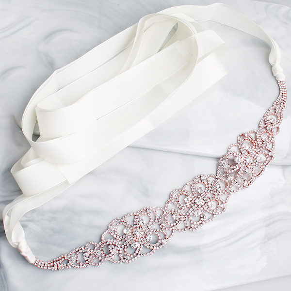 Brudbälte Blad Inlagda Rhinestone Cutout Midjekedja Dam Bälte Bröllopsklänning Prydnad (Rose Gold)