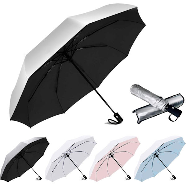 Vindafvisende rejse kompakt paraply - Automatiske paraplyer til regn - Kompakt folde paraply, rejse paraply kompakt, små bærbare vindafvisende paraplyer Silver/Black 42 Inch-1 Pack