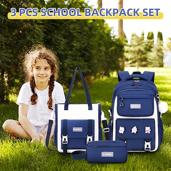 Jente Ryggsekk, 3stk Sett Ryggsekk for Jenter med Anti-tyveri Baklomme, Vannbestandig Tote Bag med Blyantveske for Barneskole 3pcs Set-blue S