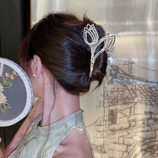 Blommiga hårklämmor, 1 st tulpanmetallhårklämma med pärla och strass Lyxig design Stora käftklämmor Fångstklämmor Starkt grepp Halkfria hårklämmor