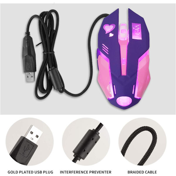 Spilmus, Pink Baggrundsbelyst Optisk Spilmus Ergonomisk USB Kabelforbundet med 2400 DPI og 6 Knapper 4 Skydning til Computer/Win/Mac/Linux/Andriod/iOS(Lilla)