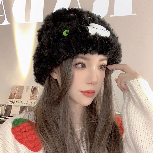 Vinter Faux Fur Bucket Hat, Fluffy Fuzzy Varme Hatter, Plysj Fiskerlue, Pelsaktig Puffy Fedora Hatter（Svart）