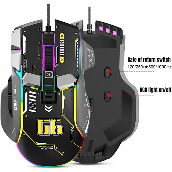 Ergonomisk Spelmus - Anpassningsbar, Bekväm och Precisionsdriven, Trådad RGB-Spelmus med 10 Programmerbara Knappar Black