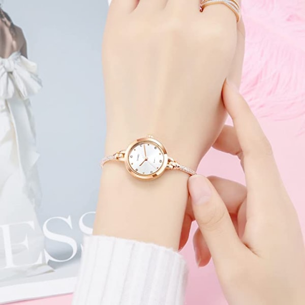 Roséguld Klocka för Kvinnor Armband Smal Dam Tjej Liten Urtavla Diamant Casual Mode Armbandsur för Flickvänner Gåvor