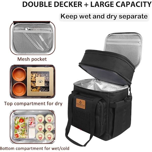 Taktisk lunchlåda, stor expanderbar isolerad lunchväska, hållbar vattentät läckagesäker kylväska för vuxna/män/kvinnor/arbetsresor utomhus, 20 Black 15L