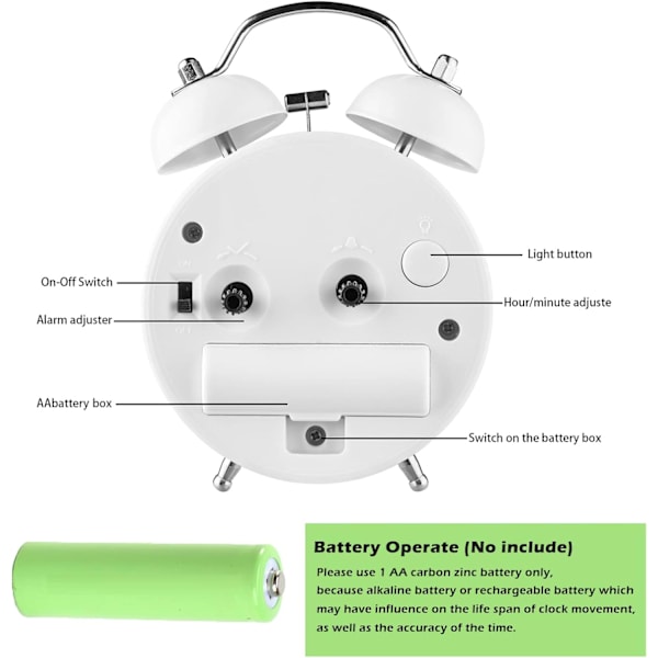 Høy alarmklokke for tunge sovende soverom, analog alarmklokke, liten alarmklokke, retrodesign for barn, batteridrift, 3 tommer, hvit white