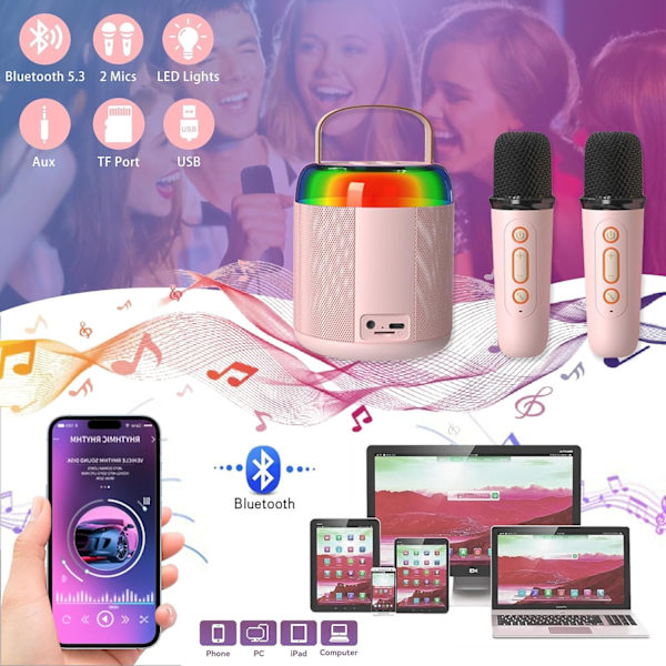 Bærbar karaoke-maskin, mini Bluetooth-stereo med 2 trådløse mikrofoner for barn og voksne