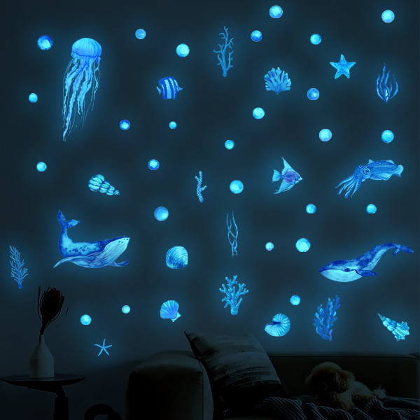 Väggdekaler - Lysande blå Sea Life Väggdekaler - Under The Sea Ocean Creature Väggkonstklistermärke för barn Pojkar Sovrum Badrum