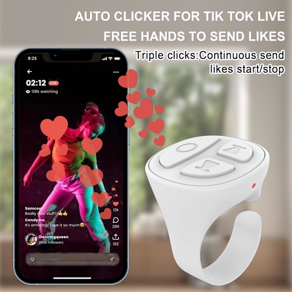 Tiktok Scrolling Ring TikTok Fjernkontroll Bluetooth Kamera Video Opptak Fjernkontroll TIK Tok Scrolling Ring Sidevender for Kindle App(D01) White