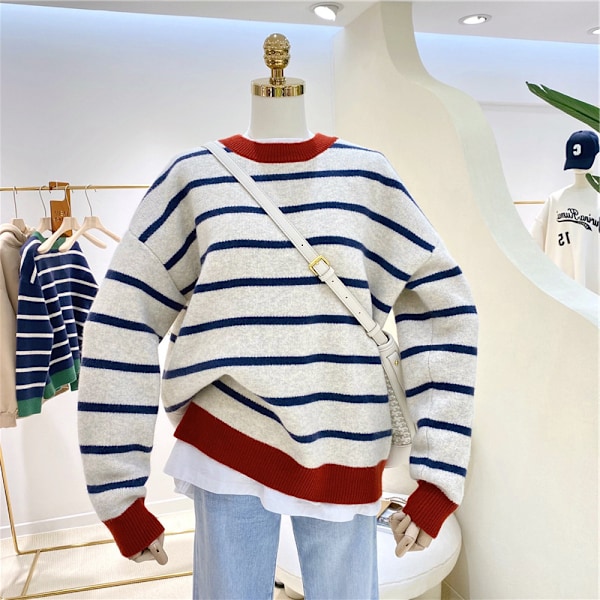 Dam tröja med rund hals, lång ärm, färgblock, stickad tröja, casual pullover