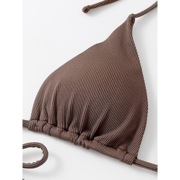 WJSM Dame Halterneck Tie Side Triangle Bikinisett Høy Skjæring 2 Delers Bikini Badetøy Brown1 M