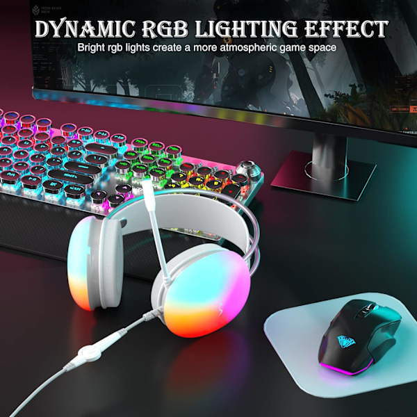 USB-spillsett for PC med mikrofon, RGB-regnbue bakgrunnsbelyst hodetelefon, virtuell 7.1 surroundlyd, 50 mm driver, myke minneskum øremuffer, kablet bærbar PC-skrivebord