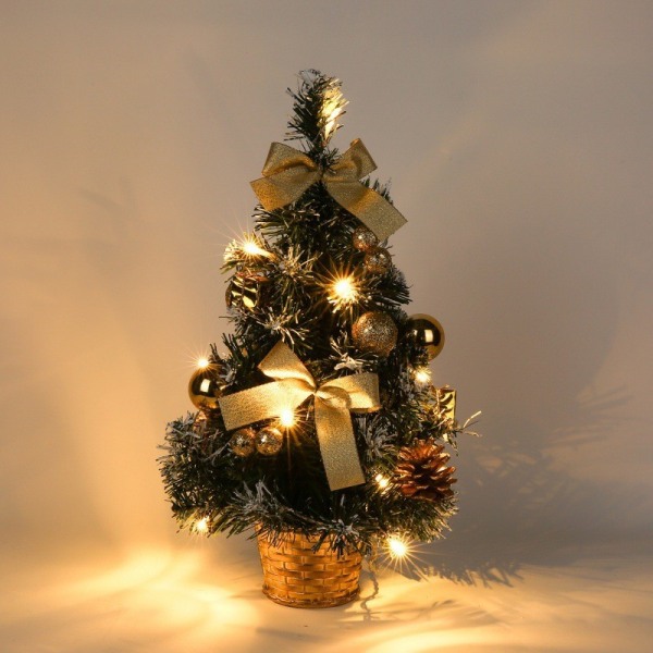 Liten julgran med ljus, Mini skrivbordsdekorationsträd för hemmakontor Shopping Bar (guld)
