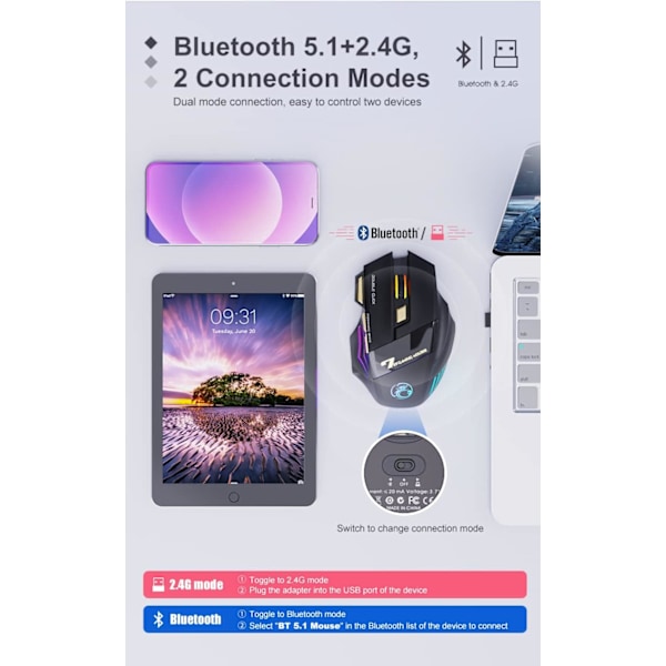 Trådlös Spelmus, Uppladdningsbar USB2.4G + Bluetooth Trådlös Mus, med 7-Färgad Regnbågsljus Optisk Effekt (Klassisk Svart)