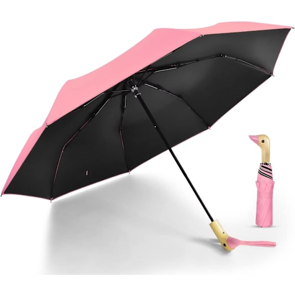 Kompakt lille paraply til regn og sol, sød design andehoved paraply til piger gaver, 8 ribber folde paraply med træhåndtag Pink