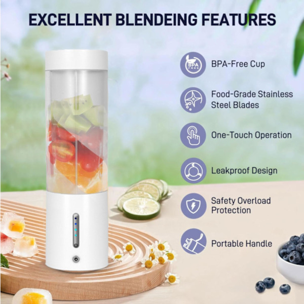 Personlig Blender til Shakes og Smoothies, 16 Oz Bærbar Blender med 6 Blade, USB Genopladelig Smoothie Blender til Hjem, Rejser og Kontor White