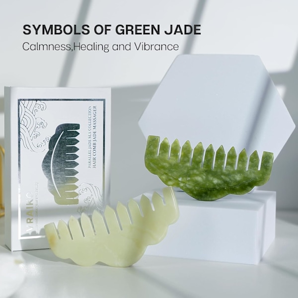 Naturlig Jade Kam Hovedmassager, Hovedbundsmassage Kam og Gua Sha Skrabeværktøj, Meridian Massageværktøj til Hovedpleje og Afslapning (Premium Serpen Green