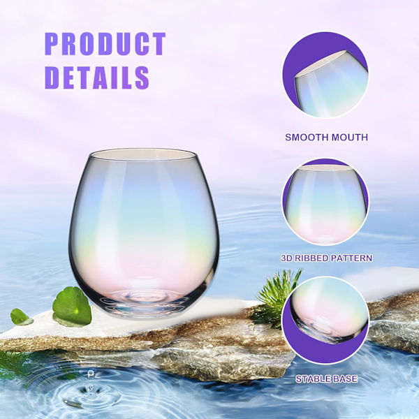 Set med 4 stjälklösa vinglas, iriserande vinglas för rött eller vitt vin, 15 ounce Iridescent Large