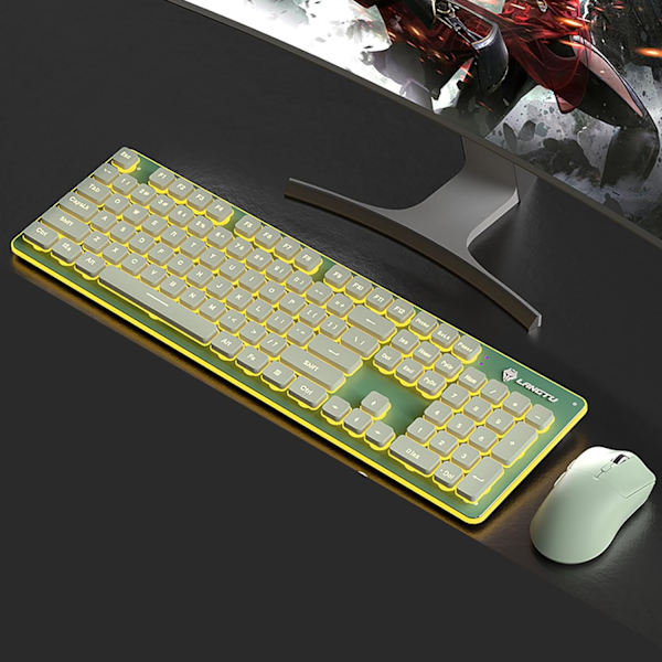 Bakgrundsbelyst Trådlöst Tangentbord och Mus, Tyst Inmatning, Sömnläge, 2.4G Laddningsbart Datortangentbord och Optisk Musuppsättning för Laptop PC Green+warm light