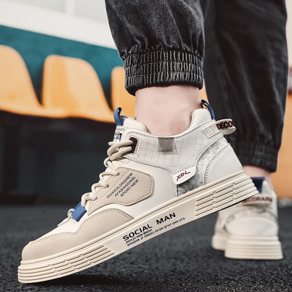 Herr High Top Skor Casual Sports Läder Ovandel Gummisula Bekväma Herr Board Skor för Höst Vinter Beige 41