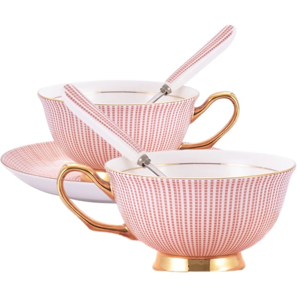 Kaffe Kopp og Skål Sett - 6.7 Oz Bone Kina Te Kopp med Skål og Skje - Fancy Kopp for Kontor, Kaffebord Ettermiddagste (rosa)