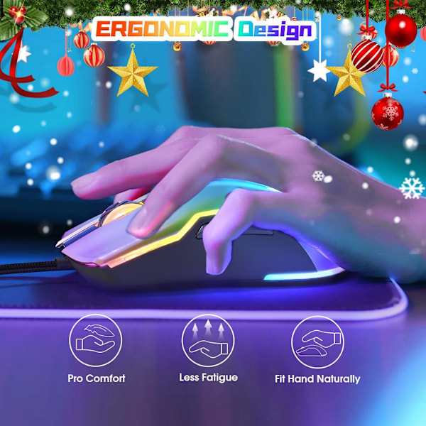 Trådløs Spillmus, RGB Spillmus, 12800 DPI Programmerbar Ergonomisk PC Spillmus med Kule Lyseffekter 7 Knapper