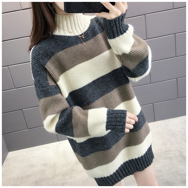 1 st 2022 Höst Vinter Dam Långärmad Stickad Tröja Turtleneck Randig Lös Pullover Toppar Deco