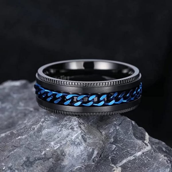 Intertwine Svart Blå Rustfritt Stål 8mm Ringer for Menn Spinner Fidget Ring Angst Ring for Menn Kantstein Kjede Inlay-9.5