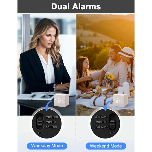 Digital vekkerklokke, med elektronisk LED-tidsvisning i tre, dobbel alarm, 2,5-tommers kubisk liten mini treverk elektriske klokker for soverom, nattbord, White