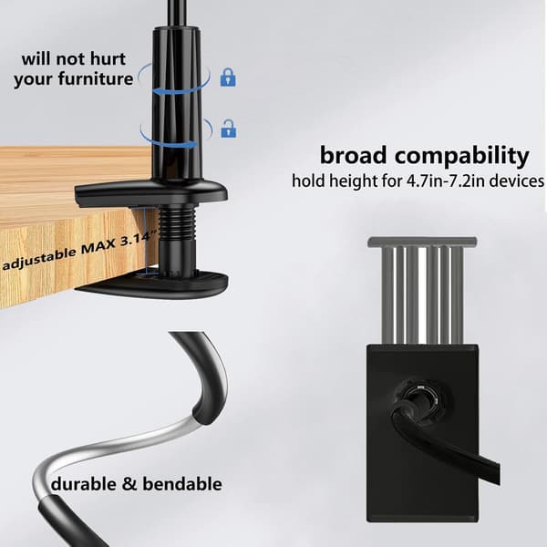 360° Fleksibel Svanehals Tablet Stand til Seng - Lang Arm Clip Mount, Universal til 4.1-6.7 Tommer Tablets, Sort Sengekant/Hovedgærde Tabl Tablet