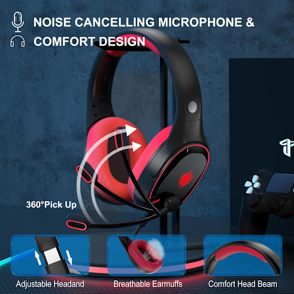 H-8 PC Gaming Headset til PS4, PS5, Controller, Xbox One Headset med Stereo Sound, Over Ear Hovedtelefoner med Støjreducerende Mikrofon, LED Lys, Lydstyrke