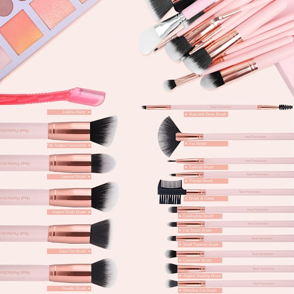 Real Perfection 16 stk. Makeup Børster Sæt med 1 Øjenbrynskniv Premium Syntetisk Foundation Blanding Ansigtspulver Øjenskygge Concealer Make Up Børster