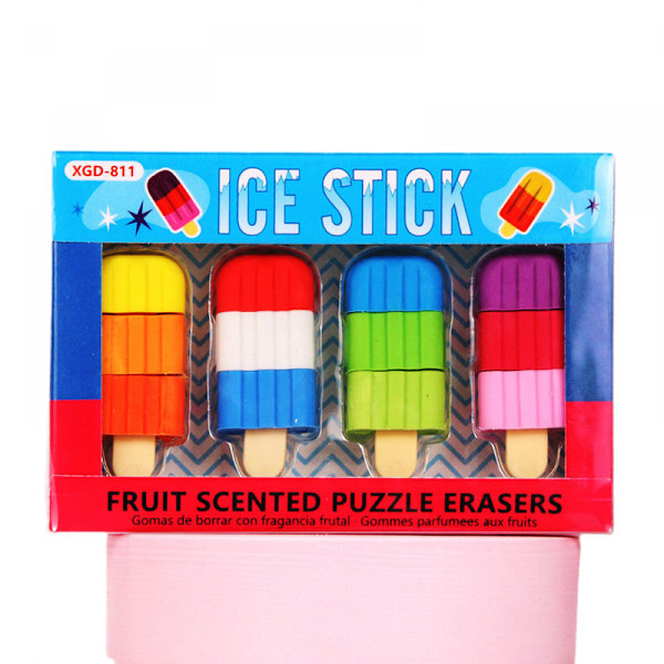 Popsicle-formet puslespil viskelæder med frugtduft, skoleartikler til børn - Sæt med 4
