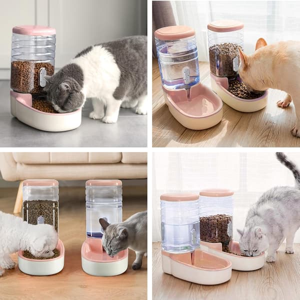 Automatisk hund og kattefoderautomat og vanddispenser tyngdekraftsfoderautomat og vandautomatsæt med kæledyrsfoder skål til små mellemstore hundehvalpe killinger, stor kapacitet Pink