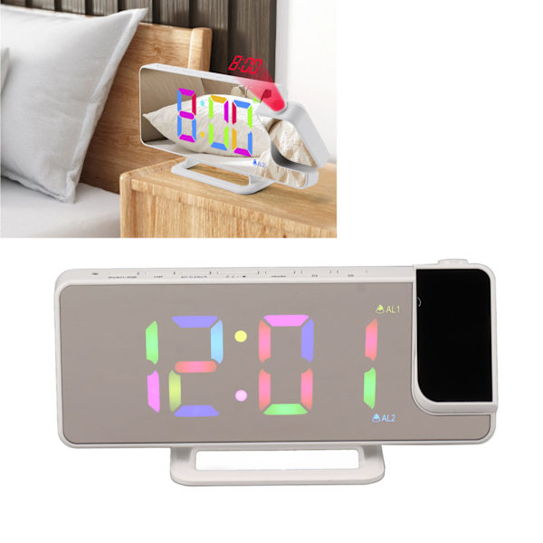 Digital klocka RGB LED stor skärm spegel projektion multifunktionell bord elektronisk väckarklocka White