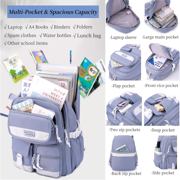Jente Ryggsekk Barn Ryggsekk for Gutter Multi-lomme Barneskole Ungdomsskole Bokvesker for Gutter Tenåringer Casual Dagstursekk Purple
