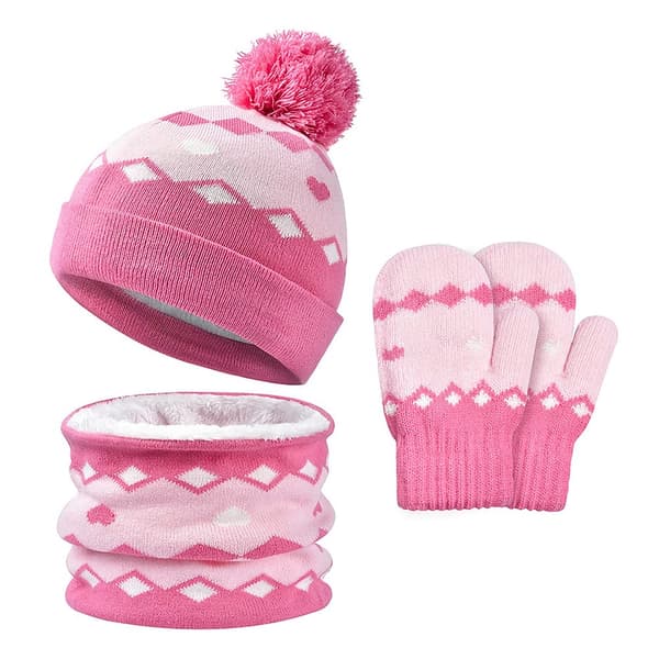 3-delad varm vinterdräkt för barn - unisex-vänlig mössa utan kant, halsduk och handskar, ullfoder, lämplig för 2-4 år pink